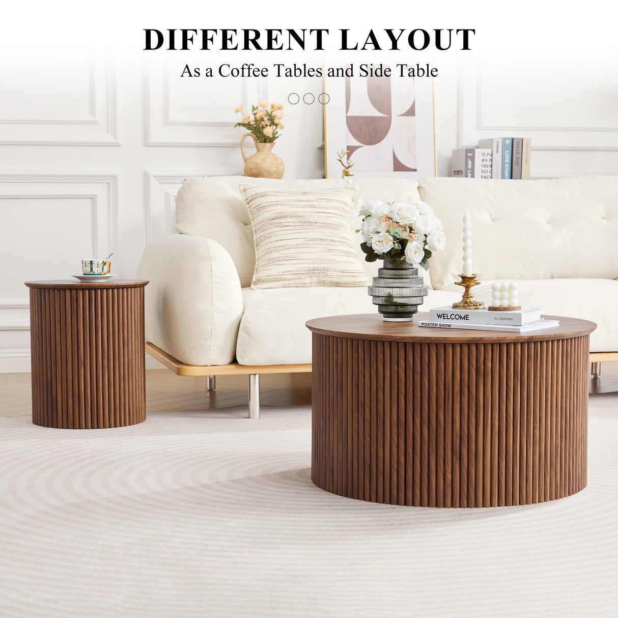 Round Nesting Coffee Table Set of 2, Mid Century Modern Wood Coffee Tables and End Table Set, Circle Side Table Minimalist Center Tables for Living Room, Office(Walnut) AVZEAR