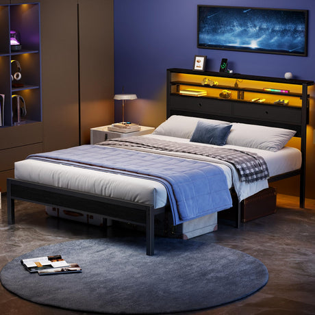 Furnulem Queen Bed Frame with Headboard & 2 Fabric Drawers, Bed Frame Queen Size Featuring LED Lights, Built-in Charging Station & Storage Shelves, Metal Slats, No Box Spring Needed – Black Oak Furnulem