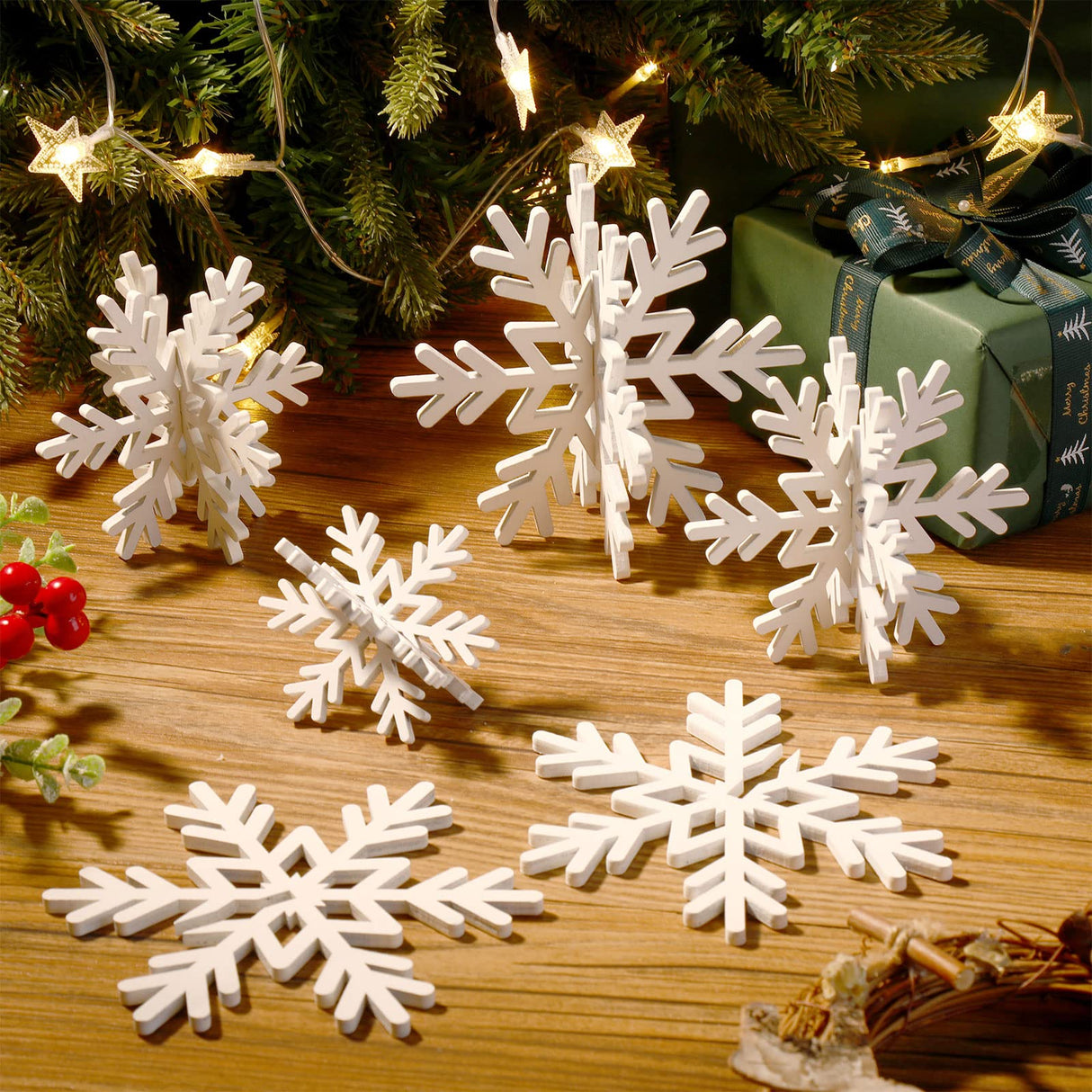 Bucherry 12 Pcs Christmas Wooden Snowflake Decoration Winter Snowflake Signs 3D Snowflake Tabletop Decor Snowflake Centerpiece Xmas Snowflake Signs for Home Xmas Party(White) Bucherry
