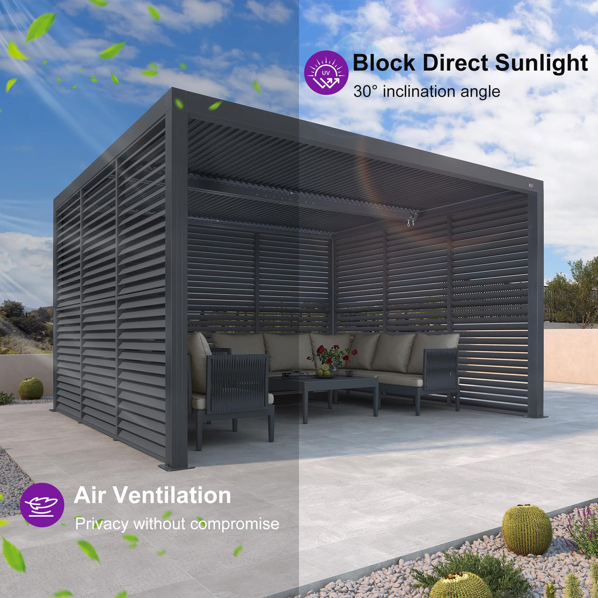 PURPLE LEAF Louvered Pergola Accessory 94AS Aluminum Louver Grille for Optimal Privacy, Sunlight Control Four Panels a Complete 13' Side Fixed Shutter Wall, Pergola Not Included PURPLE LEAF