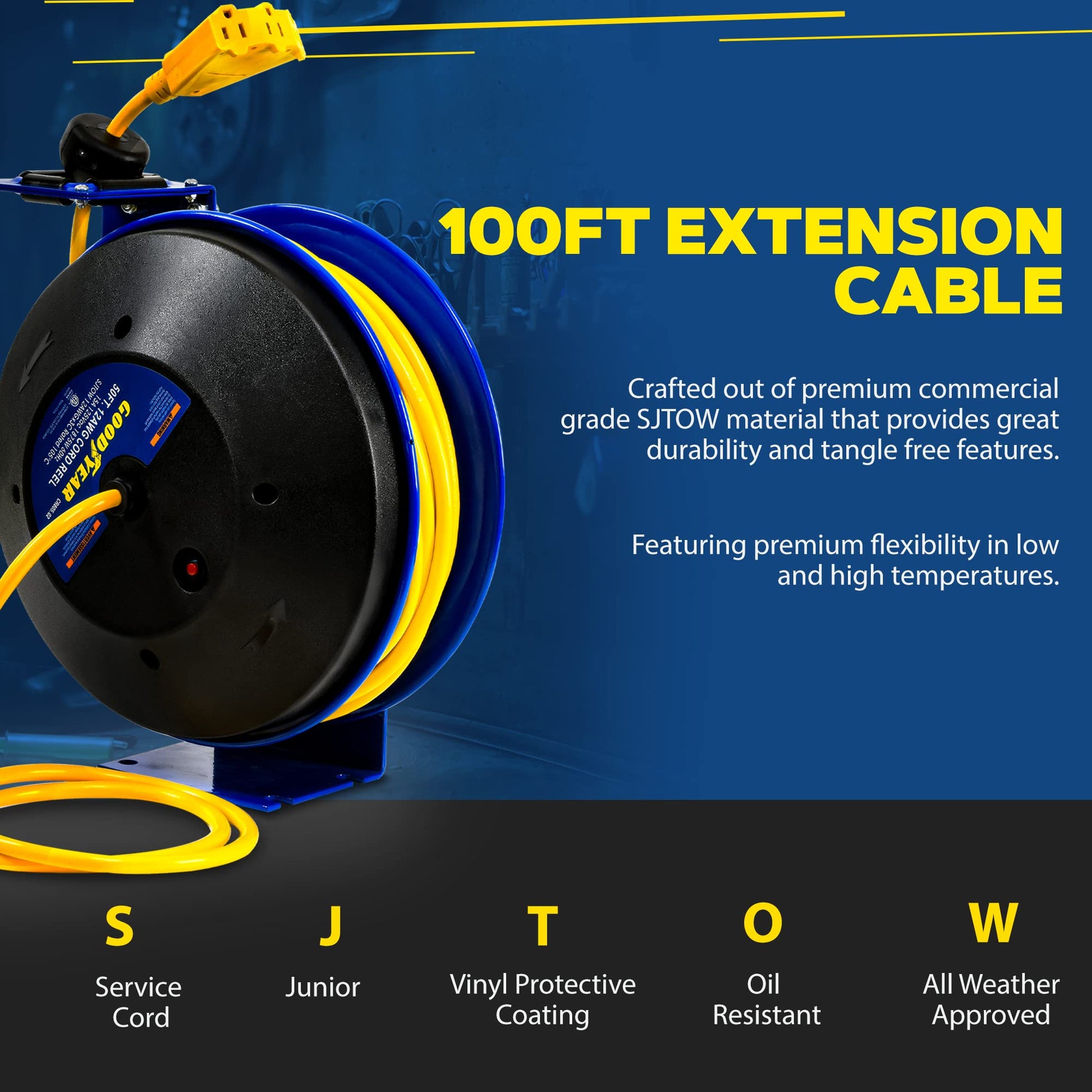 Goodyear Extension Cord Reel Retractable 14AWG x 100' Feet 3C SJTOW Cable Triple Tap Connector Power Rating 125 Volt AC 13 Amp 1625 Watt Industrial Steel Single Arm - WoodArtSupply