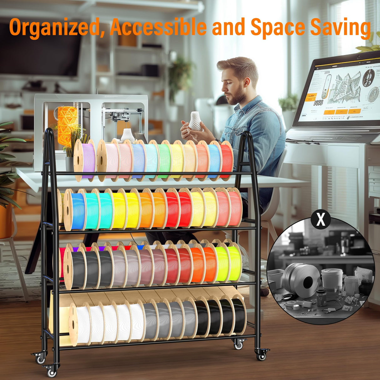 𝐘𝐮𝐦𝐤𝐟𝐨𝐢 3D Printer Filament Rack for 90PCS, Rolling Filament Spool Holder, Heavy Duty Metal Shelf for ABS/PLA/TPU/Nylon, 3D Printer Accessories for Studio Office Business Workshop Yumkfoi