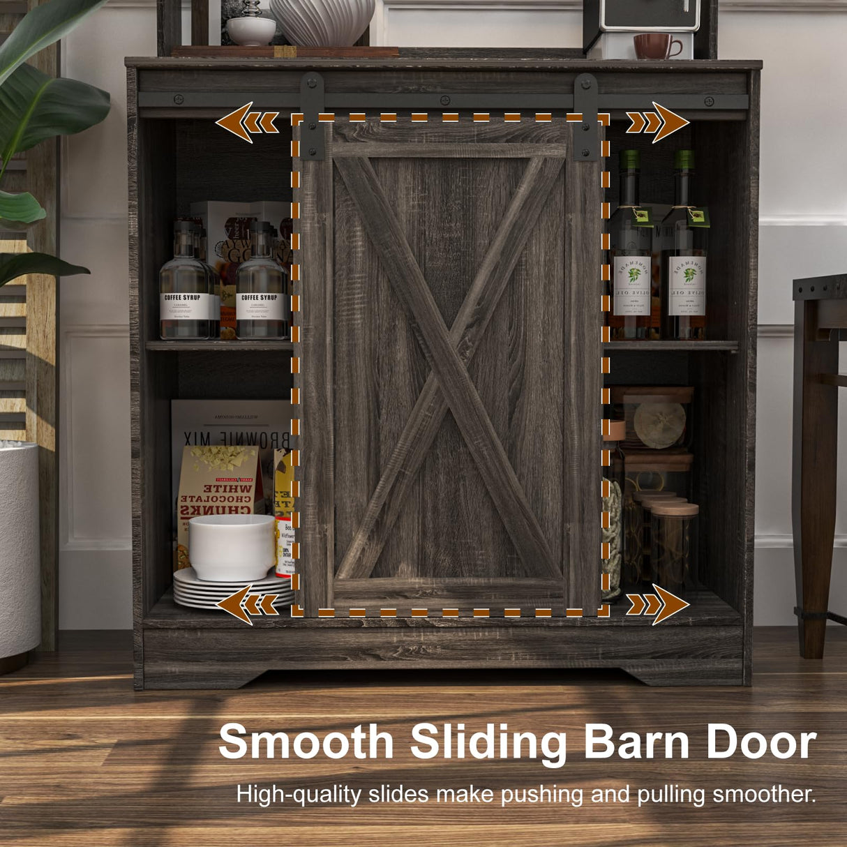 Linkriseed Farmhouse Coffee Bar Cabinet with LED Light, 55 Inch Bakers Rack with Storage, Large Coffee Bar Hutch with 6 Hooks and Sliding Barn Door for Living Dining Room, Dark Gray Linkriseed