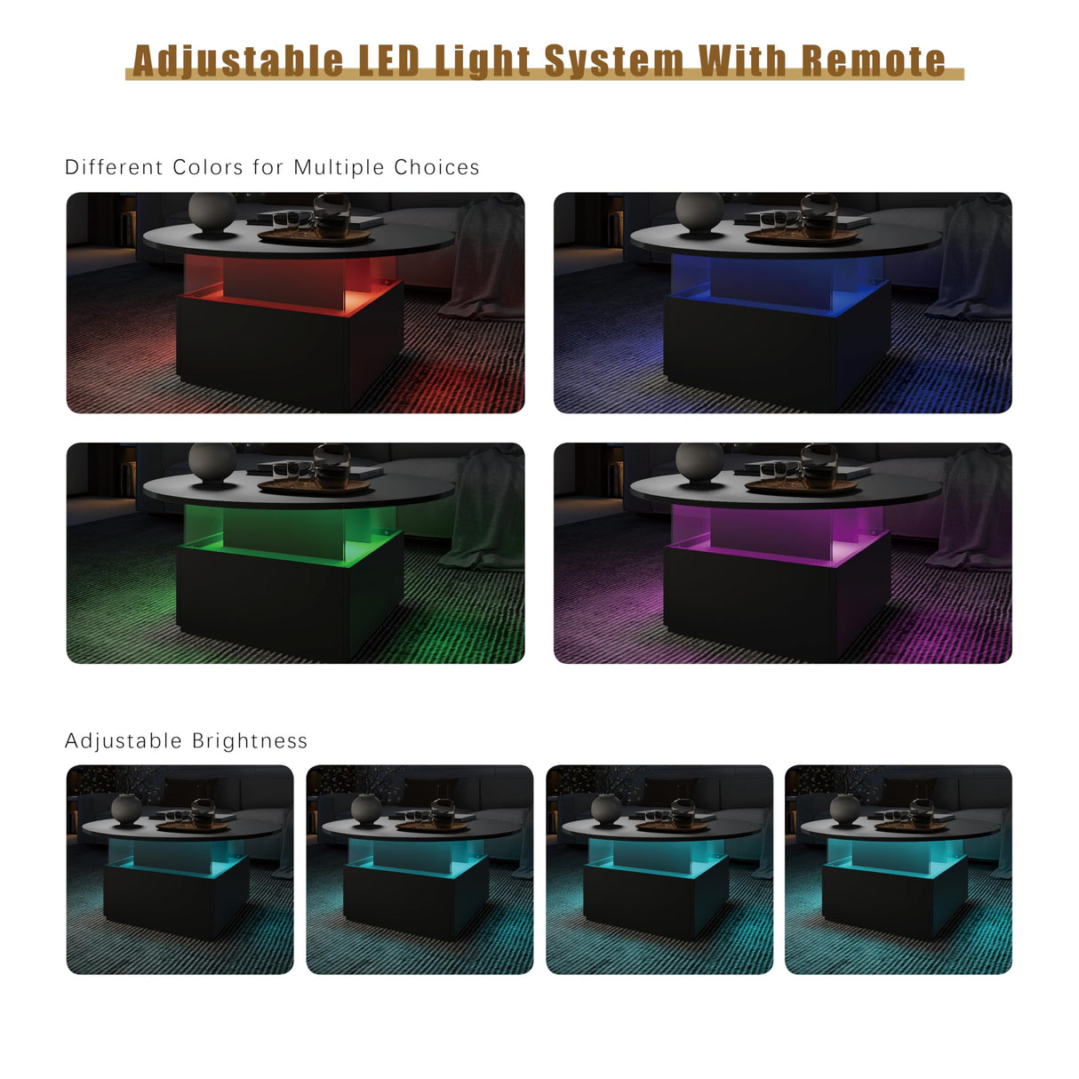 HedoAjim 31.5" Round Coffee Table for Living Room, LED Modern Living Room Table with Storage, Square Acrylic Coffee Tables with 2 Sliding Drawers, Wood Center Table for Reception Dinning Room, Black HedoAjim