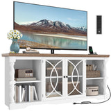 YITAHOME Farmhouse TV Stand with Mount for 32-70 Inch TVs, Entertainment Center with Power Outlets, Media Console Cabinet with Tempered Glass Doors for Living Room, Washed Grey & White YITAHOME