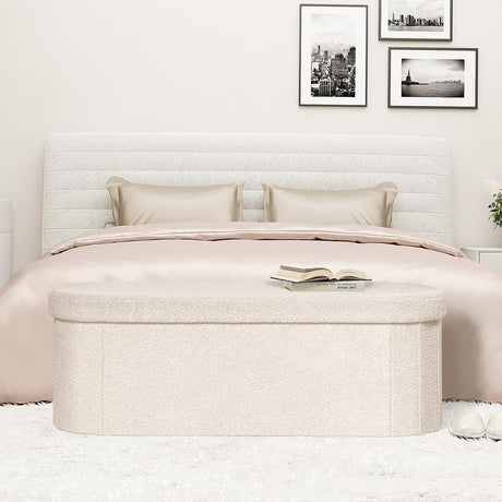 PINPLUS Storage Ottoman Bench Tufted Oval Ottomans Bench Foot Rest, Toy Chest Box Velvet Bench with Storage, 43"x15"x15" (White) PINPLUS