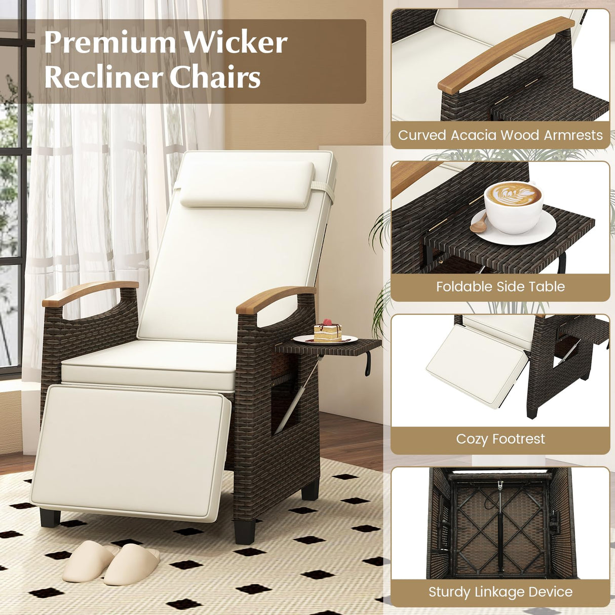 Tangkula Patio Wicker Recliner Chair, Rattan Lounge Chair w/Adjustable Backrest & Footrest, Flip Side Table, Push Back Reclining Seat w/Cushion for Backyard, Porch, Lawn (1, Off White) Tangkula