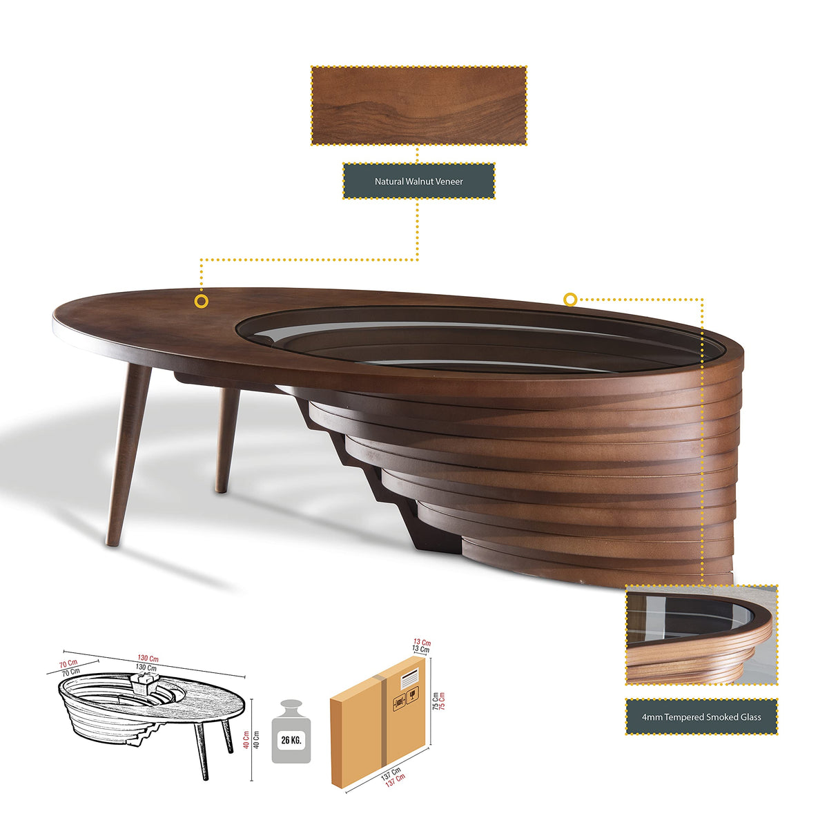 by Papella Design, Natural Walnut Veener Coffee Tables for Living Room, Rustic Table, Mesa De Centro para Sala, Center Table, Glass Table top, Walnut Color, (Drop) Papella modüler mobilya