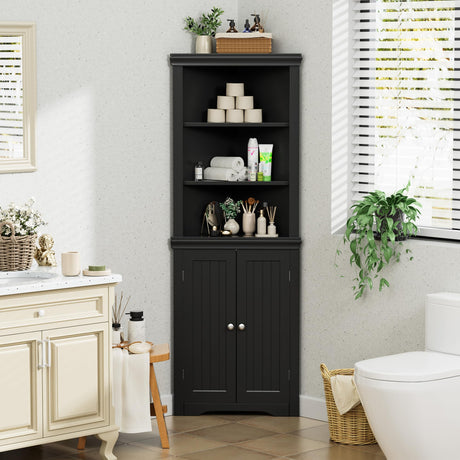 Flamaker Corner Cabinet, Freestanding Corner Shelf with 2 Doors and 3 Shelves, Bathroom Corner Storage Cabinet for Bathroom, Living Room, Bedroom or Kitchen (Black) Flamaker