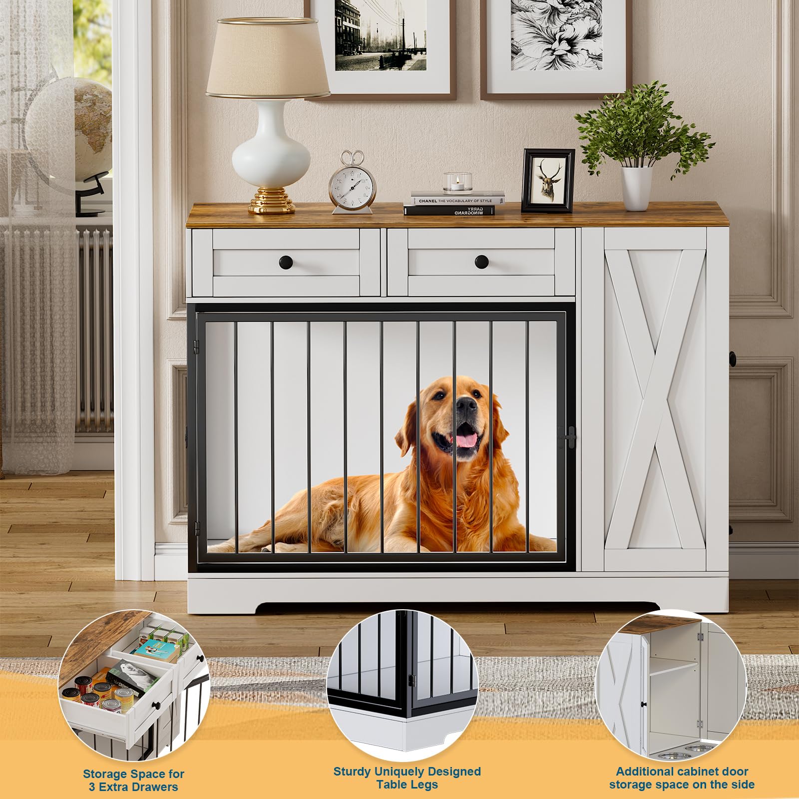 Dog Crate Furniture Kennel with Double Doors, Wooden Pet House with 2 Drawers and Pet Feeder Station Storage Cabinet, Furniture Style Dog Crate Table Side End Table for Large Medium Dogs, Whi - WoodArtSupply