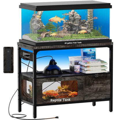 Hyomdeck 40 Gallon Fish Tank Stand with Outlet & LED Light, 39.37‘’ Aquarium Stand with Reptile Tank, Tortoise Habitat with Anti Escape Door and Acrylic Glass, Snake Tank with Ventilation Mesh, Oak