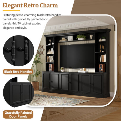 97.4"W Elegant 4-Piece Wall Unit Entertainment Center with Bookshelf for TVs Up to 70", Versatile TV Stand with Adjustable Shelf and Bridge, Mid-Century Media Console for Living Room (Black/TV) Hlcodca