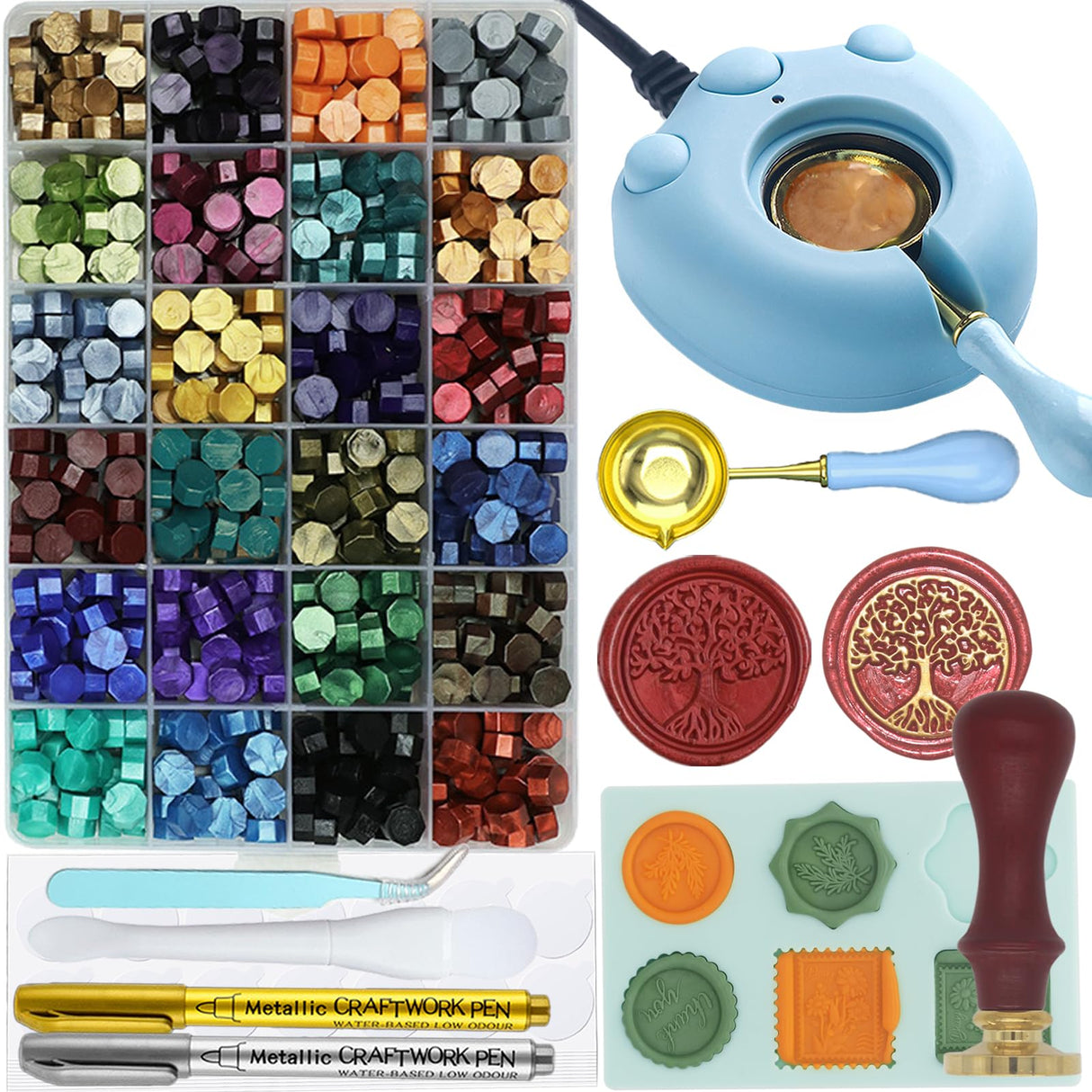 Andotopee Wax Seal Kit With 24 Colors Envelope Stamp Seals Beads 600pcs, Tree of Life Sealing Stamp, Electric Wax Seal Warmer Set, Silicone Mold, Metallic Pen, 120 Removable Sticky Dots, Spoon Cleaner Andotopee