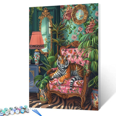 Fierce Tiger on Pink Sofa Paint by Number Kit for Adult,Bohemia Paint by Numbers Woodland Animal Watercolor on Canvas for Home Wall Decor 16''W x 20''H (Without Framed)