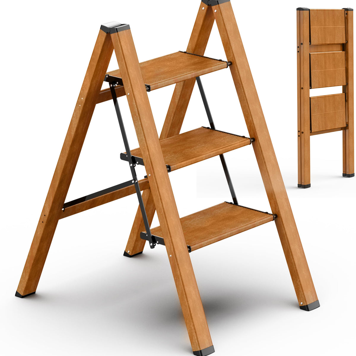 SOLADDER 3 Step Ladder Anti-Slip Foldable Step Stool Aluminum Lightwei ...