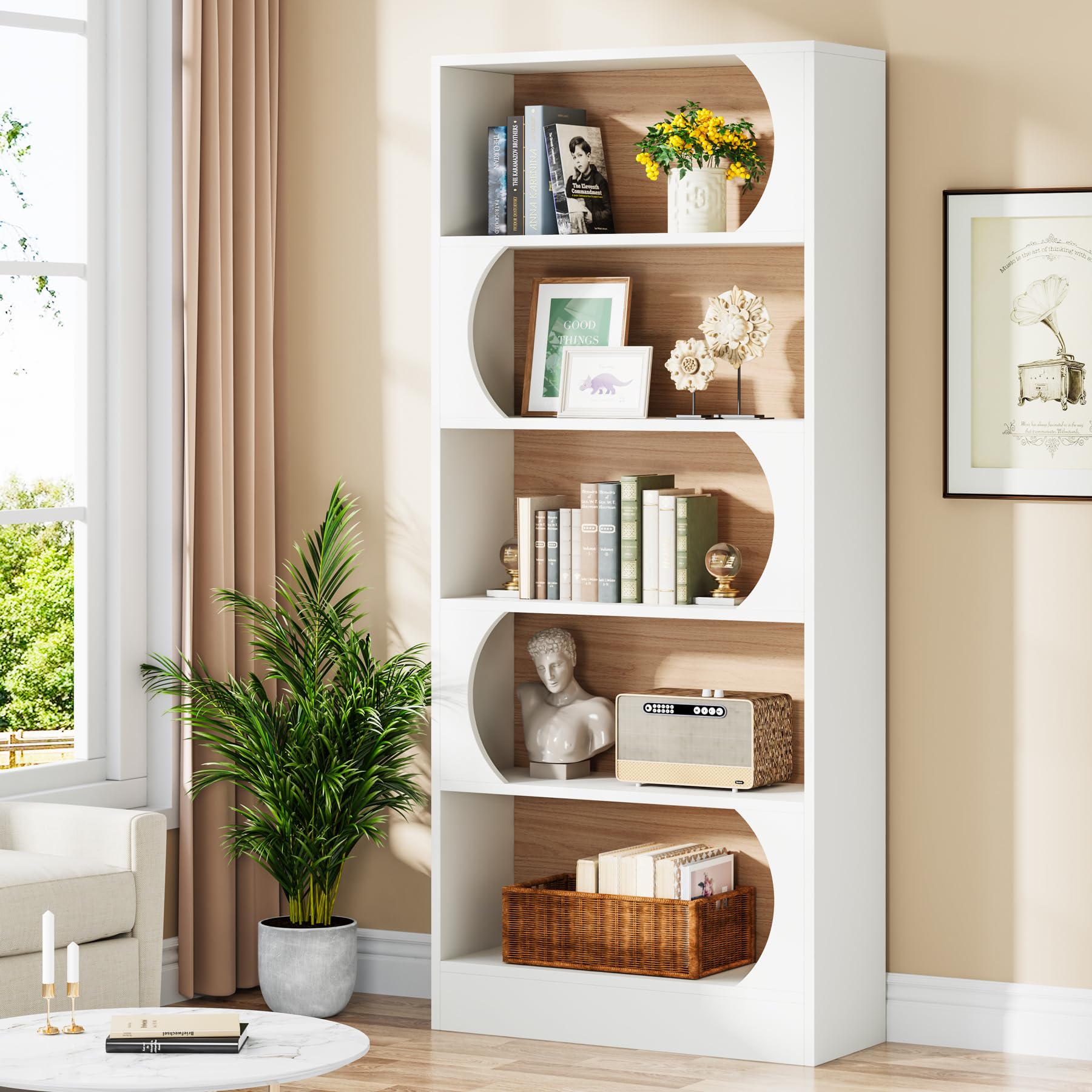 Tribesigns Modern 71" 5-Tier Freestanding Bookshelf with Versatile Storage in White and Walnut - WoodArtSupply