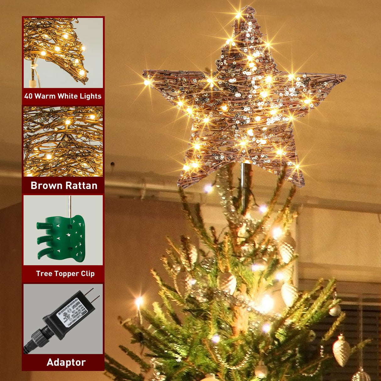 EAMBRITE 13.37” 40 LED Christmas Rattan Tree Topper, Indoor Rustic Natural Star Treetop EAMBRITE