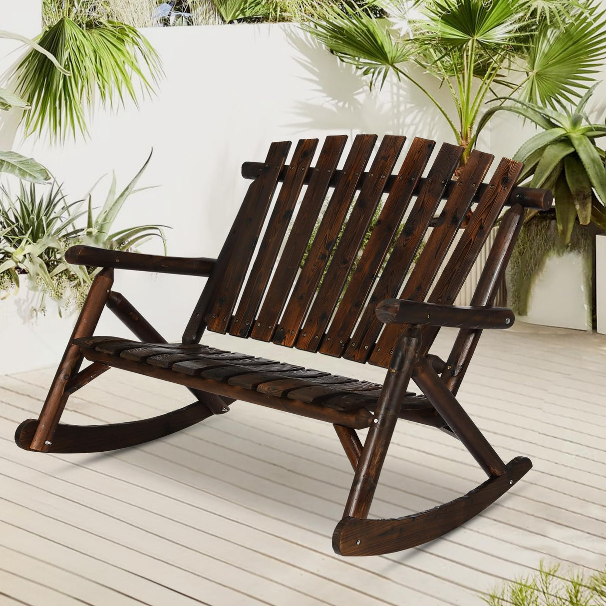 EPICOZY Outdoor Double Wooden Rocking Bench, Adirondack Porch Rocker Chair for 2 Persons, Patio Rustic Log Rocker Loveseat with High Slatted Seat & Backrest for Deck, Backyard, Garden, Carbonized EPICOZY