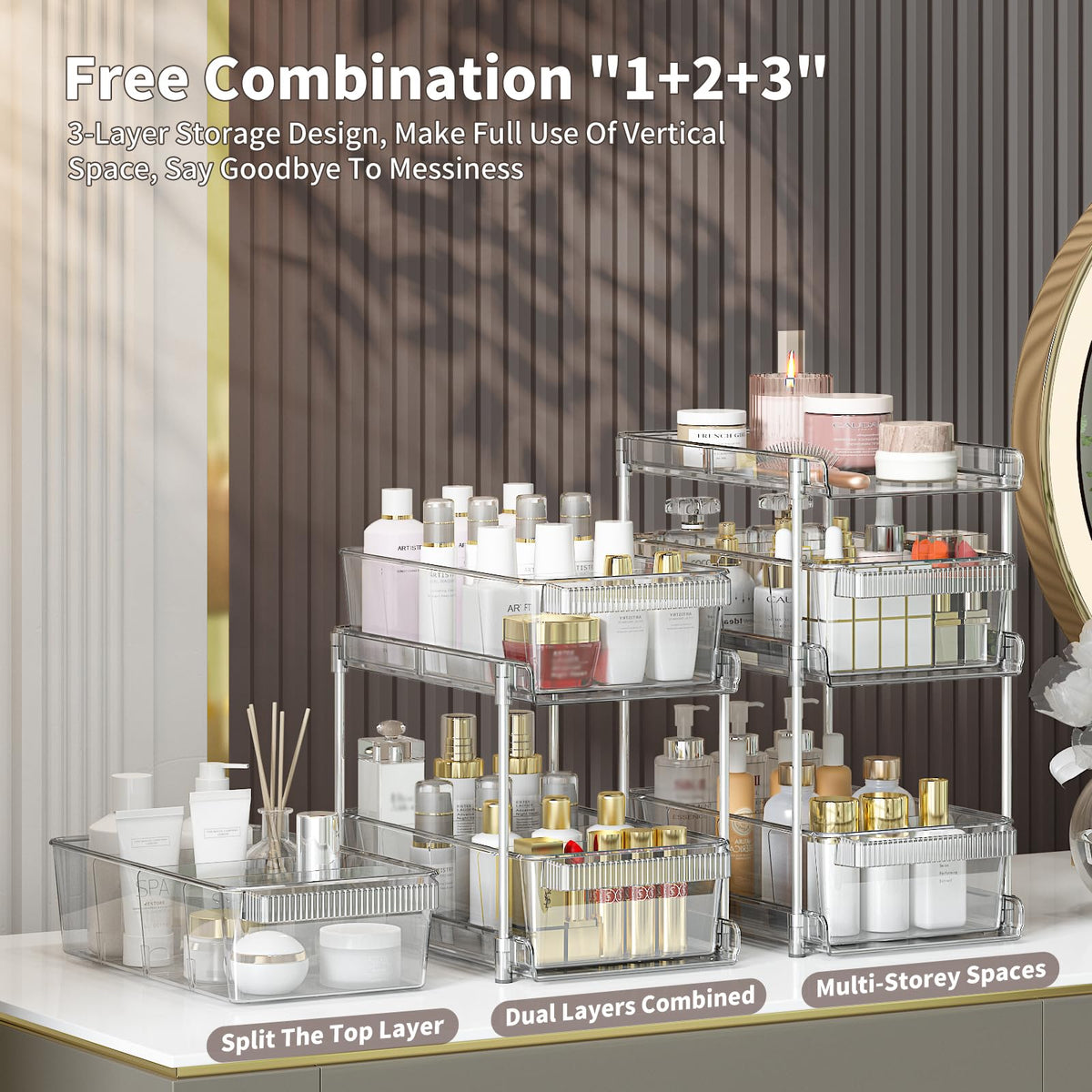 Clear Bathroom Organizers 2 Sets 3 Tier, Pull Out Organizer and Storage with 2 Cups, Slide Out Drawer Storage Container with 6 Dividers, Multi-Purpose Bathroom Organizer, Kitchen Under Sink Organizer WAKISA