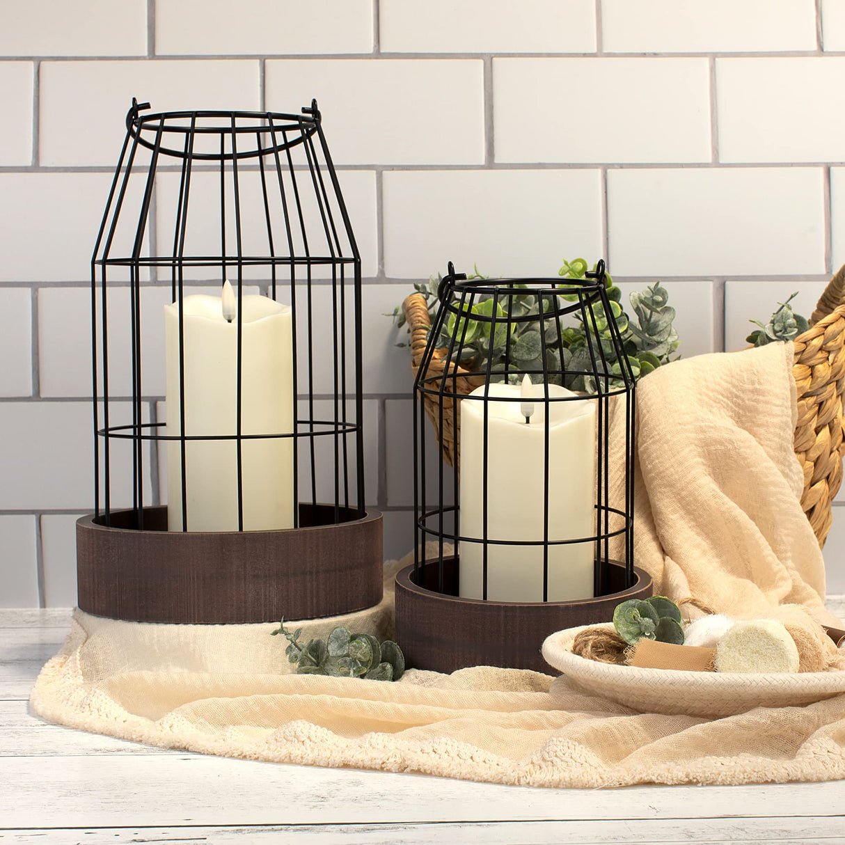 Rustic Farmhouse Lantern Decor Set of 2 - Stylish Decorative Lanterns for Your Living Room, Fireplace Mantle or Kitchen Dining Table - Modern Upscale Beauty for Your Entire Home KIBAGA
