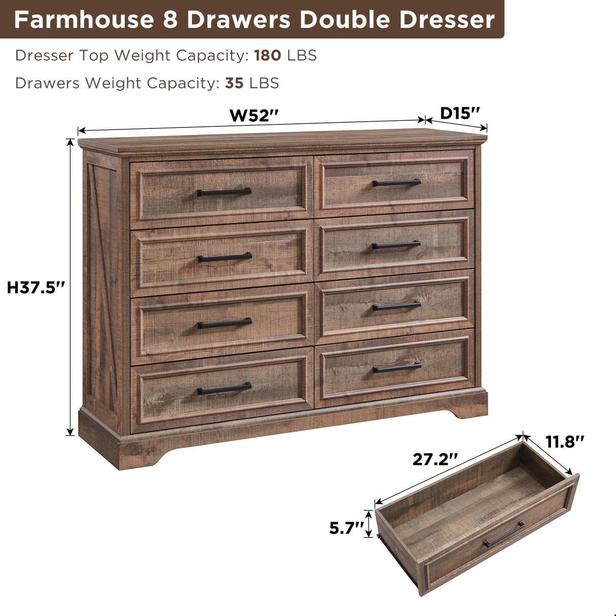 ACCOHOHO Farmhouse 8 Drawers Dresser Chests for Bedroom,52" Wide Wood Rustic Chest of Drawers with Metal Handle,Natural Texture,Drawer Organizer for Bedroom,Living Room,Hallway and Entryway,LB ACCOHOHO