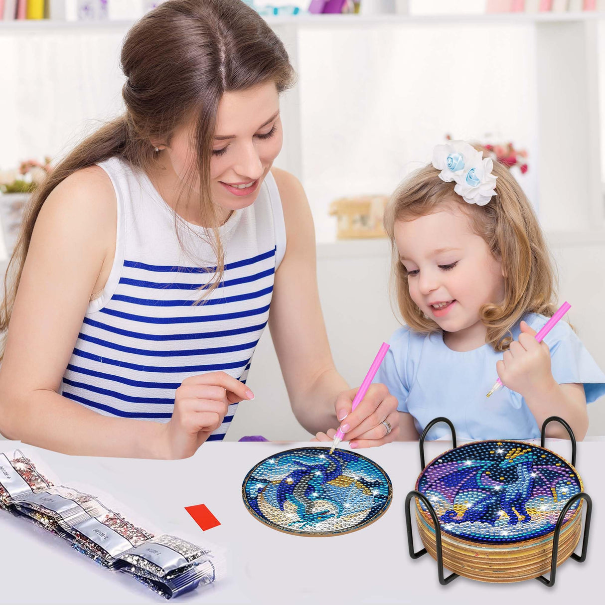 Dragon Diamond Art Coasters Kit: 8 Pcs Fantastic Dragon Diamond Painting Coasters with Holder and Cork Pads, DIY Coaster Craft Set for Adults Beginners Home Decor Gifts CRASHOT