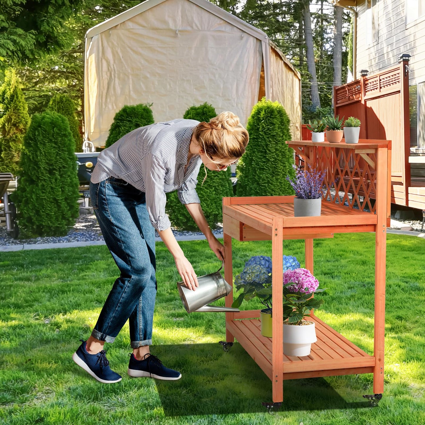 Arlopu Outdoor Potting Bench Garden Table with 4 Wheels, Wooden Planting Table Workstation w/Lattice Back, 3 Levels of Storage, Cabinet Drawer, Open Shelf, for Patio, Garden (Brown, 44.1")