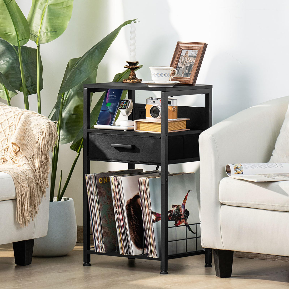 LELELINKY Record Player Stand with Fabric Drawer, 3 Tier AV Media Stands with Charging Station and USB Ports,Turntable Rack with Storage Up to 100 Vinyl Albums, Black DVD Video Game Console Shelf LELELINKY