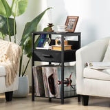 LELELINKY Record Player Stand with Fabric Drawer, 3 Tier AV Media Stands with Charging Station and USB Ports,Turntable Rack with Storage Up to 100 Vinyl Albums, Black DVD Video Game Console Shelf LELELINKY