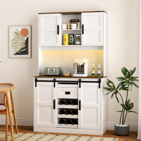 KEIKI Farmhouse Bar Cabinet with Sliding Barn Door, 72" Tall Kitchen Pantry Storage Cabinet with Drawer, Wine Bottle Rack, Storage Shelves, Hutch Buffet Cabinet with Charging Station and LED Light KEIKI