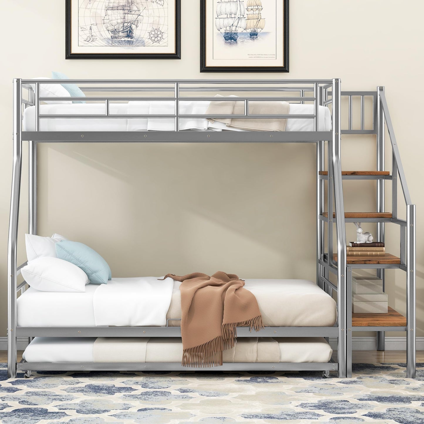 Ziraukon Twin Over Full Bunk Bed with Trundle and Stairs, Twin Over Full Size Metal Bed Frame with Storage and Safe Guardrails, Noise Reduced, No Box Spring Needed, Silver