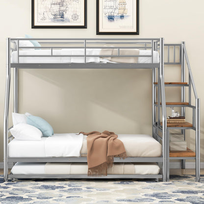 Ziraukon Twin Over Full Bunk Bed with Trundle and Stairs, Twin Over Full Size Metal Bed Frame with Storage and Safe Guardrails, Noise Reduced, No Box Spring Needed, Silver