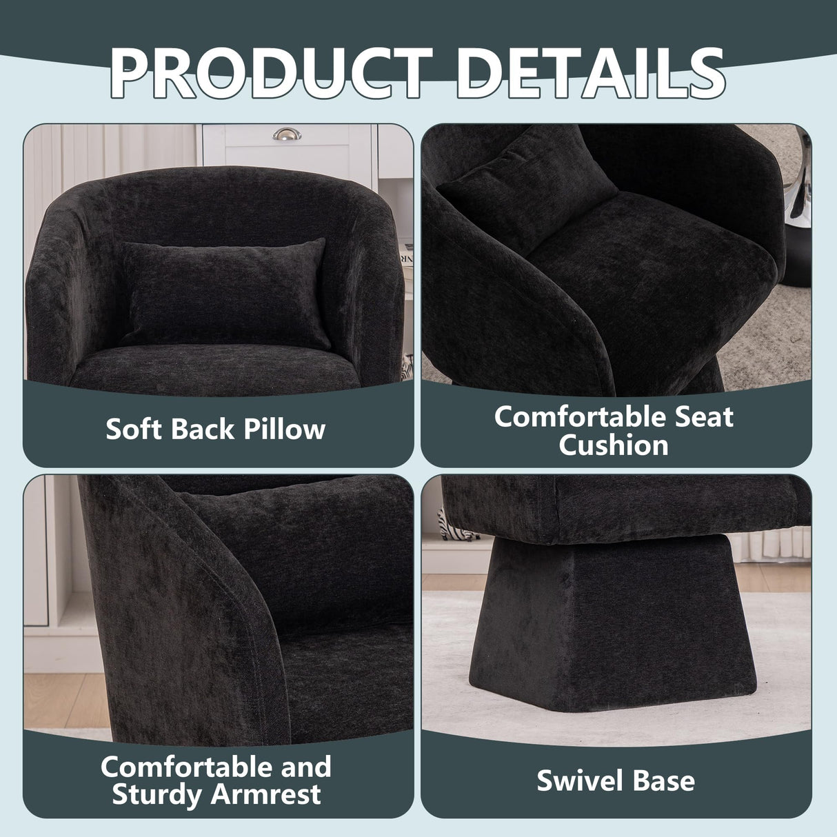 IHDKO 34" Swivel Barrel Chairs Set of 2, Modern Swivel Accent Chair with 360° Rotation Design, Ergonomics Design, Chenille Small Armchair with Backrest for Living Room, Bedroom, Reception Room, Black IHDKO