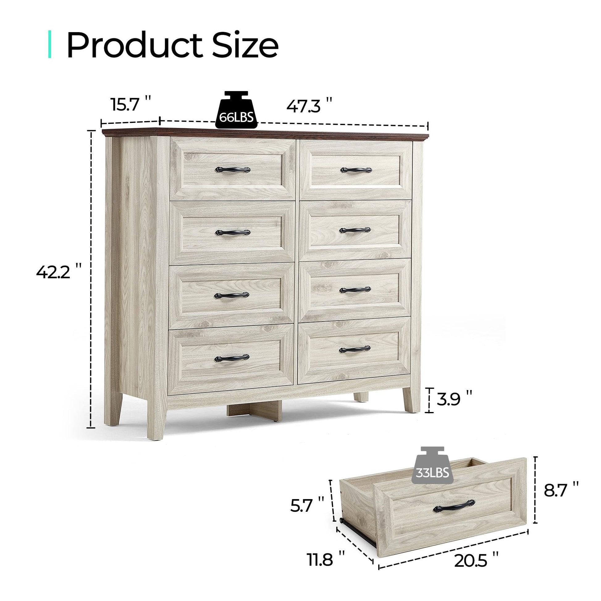 LINSY HOME Dresser for Bedroom, 8 Drawer Dresser with Metal Handles, White Chest of Drawers for Living Room, Entryway and Hallway, White Beige - WoodArtSupply