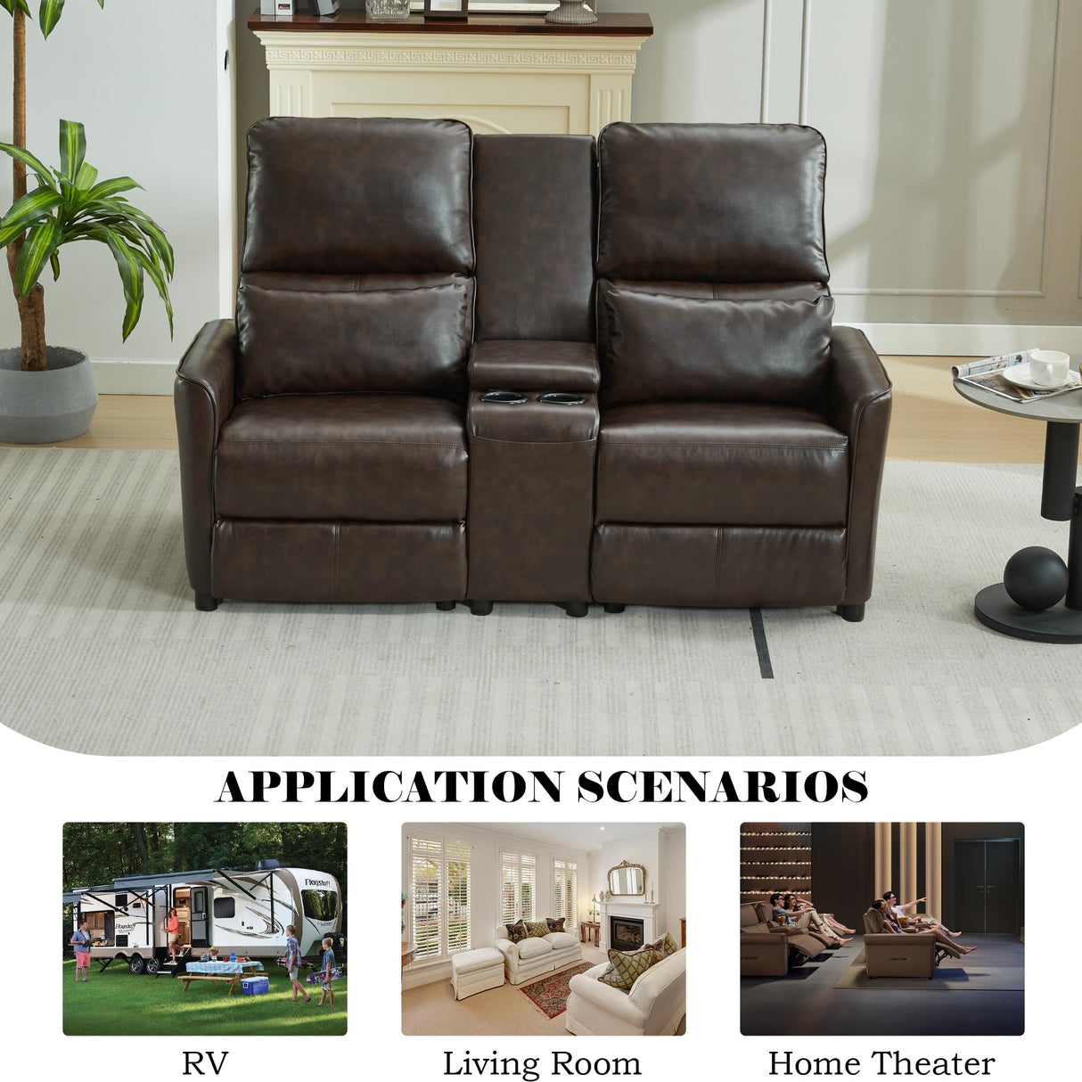 DRMBOOK 63'' RV Loveseat Recliner Sofa, Faux Leather Double Camper Couch 2 Seater Recliner with Console, Home Movie Theater Seating Chair, 2 Person Push Back Recliners for Living Room, Red & Brown DRMBOOK