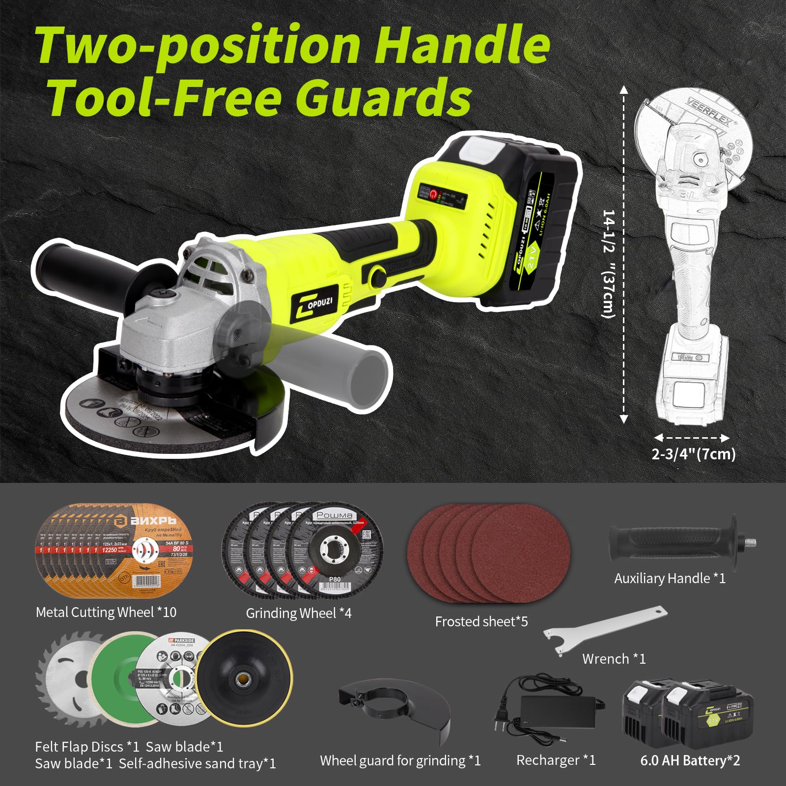 Cordless Angle Grinder Set, 2x 6.0 AH Batteries,21V Power Angle Grinder Tools,10000 RPM Brushless Electric Grinder with 10-5" Cutting Wheel, Flap Wheel, Wool Carving Wheel for Cutting & Grind - WoodArtSupply