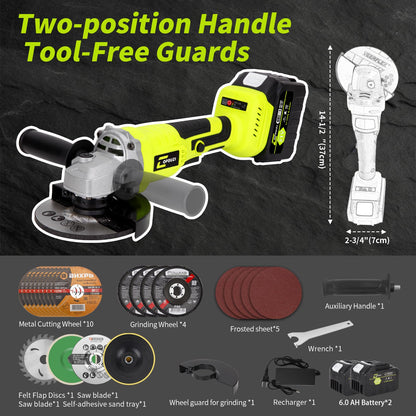 Cordless Angle Grinder Set, 2x 6.0 AH Batteries,21V Power Angle Grinder Tools,10000 RPM Brushless Electric Grinder with 10-5" Cutting Wheel, Flap Wheel, Wool Carving Wheel for Cutting & Grind - WoodArtSupply