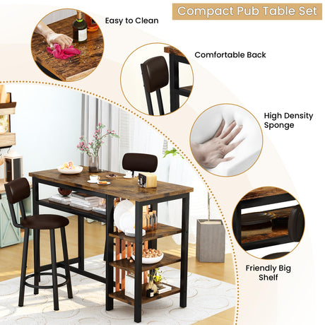 Recaceik Rustic Brown Counter Height Dining Set with Bar Table and 2 Upholstered Stools and Storage Shelves Recaceik