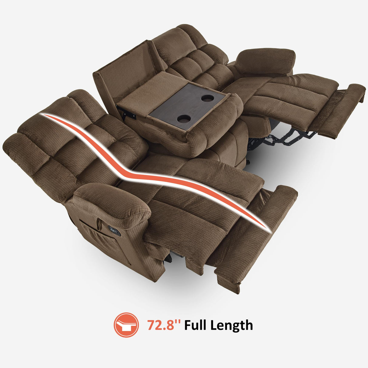 MCombo Zero Gravity Power Recliner Sofa with Drop Down Table, Heat and Vibration Massage, 3 Seater Dual Reclining Couch with USB Ports, Cup Holders for Living Room, Fabric RS6236 (Dark Brown) MCombo