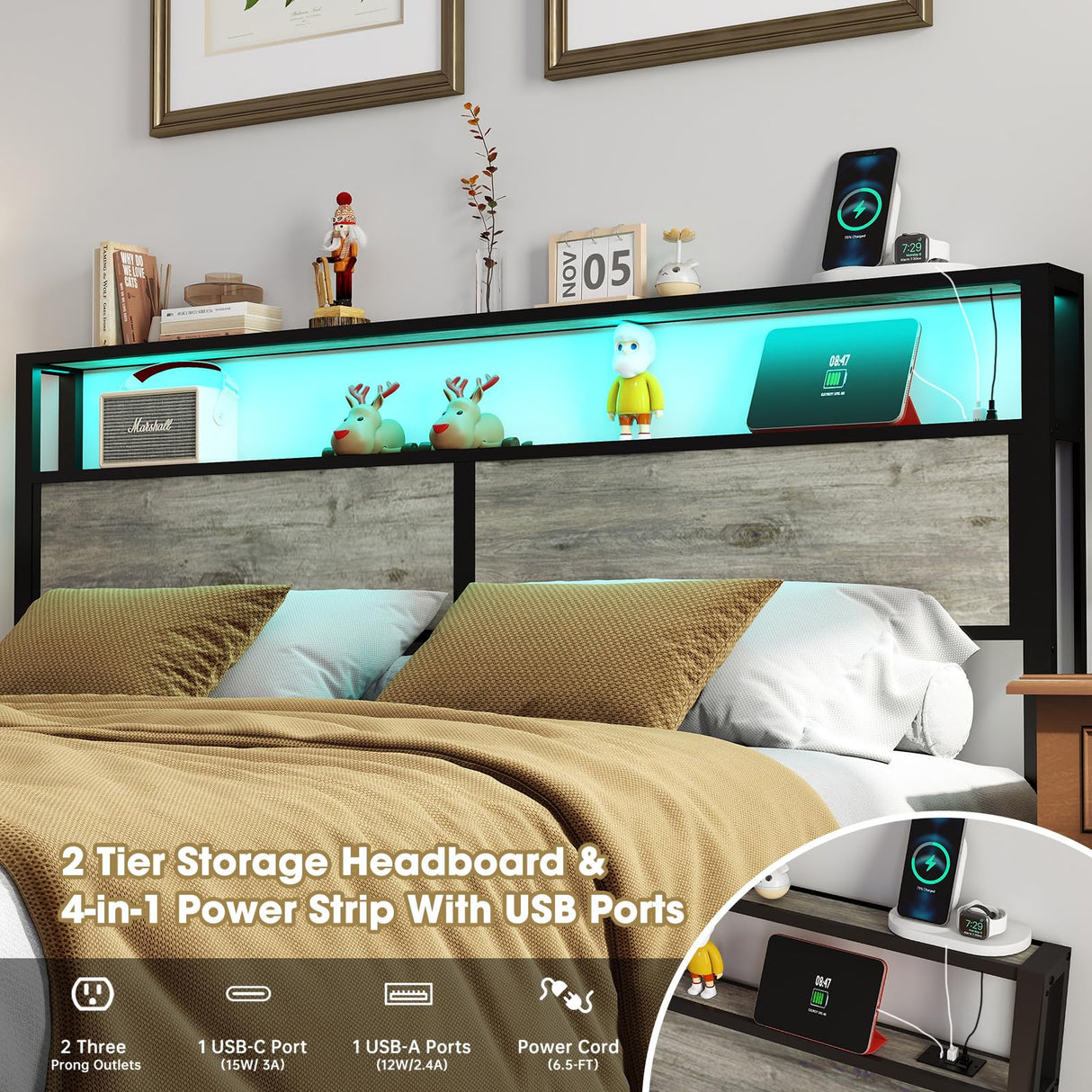 King Size Bed Frame with Headboard, Metal Platform Bed Frame with LED Lights & Charging Station, Under Bed Storage, Solid and Stable, No Box Spring Needed, Noise Free, Easy Assembly, Rustic Grey RVONOW