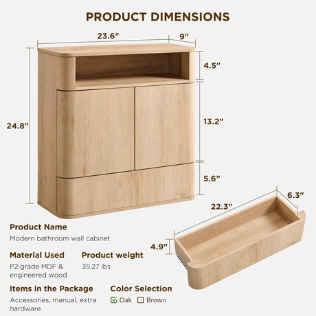 ACCOHOHO Modern Minimalist Bathroom Medicine Cabinet with Adjustable Shelf, Sliding Drawer and Magnetic Push Latch, Above Toilet Wall Mounted Hanging Storage Cabinet, Natural Oak ACCOHOHO