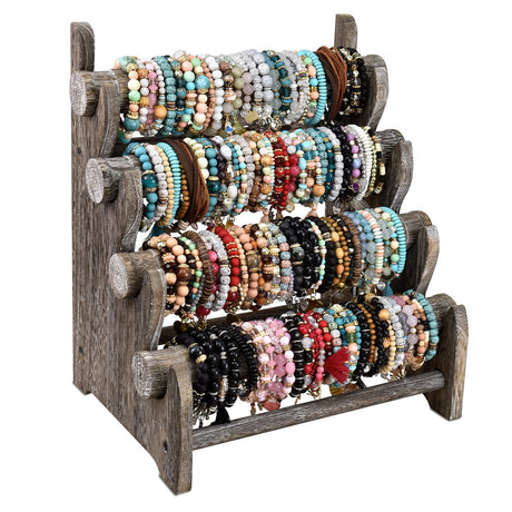 Ikee Design Antique Wooden 4 Tier Jewelry Bracelet Display Stand Bangle Scrunchie Organizer Holder for Store, Showcase and Home Storage, 12 W x 9 D x 14 H in, Coffee Color Ikee Design