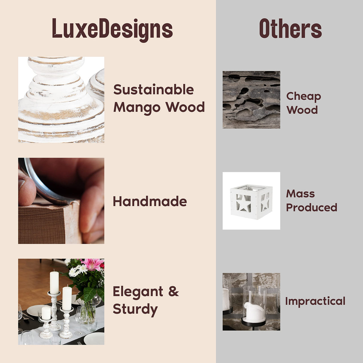 Large Candle Holders for Pillar Candles - Rustic Farmhouse Style Home Decor - Perfect for Table Centerpieces, Coffee Table or Fireplace Mantel - 3 Piece Set - White Luxe Designs