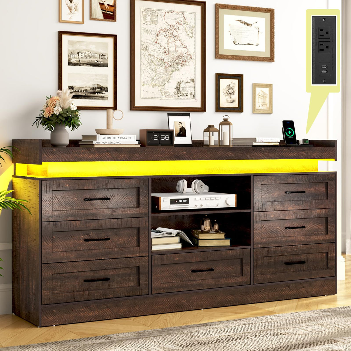 70"W Large Drawers Dresser,Tall Farmhouse 7 Drawers Dresser for Bedroom +2 Open Storage Shelves,with LED Light and Power Outlets,Wide Wood 7 Chests of Drawers for Closet for Bedroom(Antique Brown) chartustriable