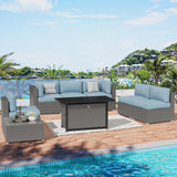 SUNCROWN Outdoor Patio Furniture Set 8 Piece Outdoor Sectional Sofa Grey Wicker Conversation Sofa Set with Coffee Table, Cushions and Fire Pit Table, Light Blue SUNCROWN