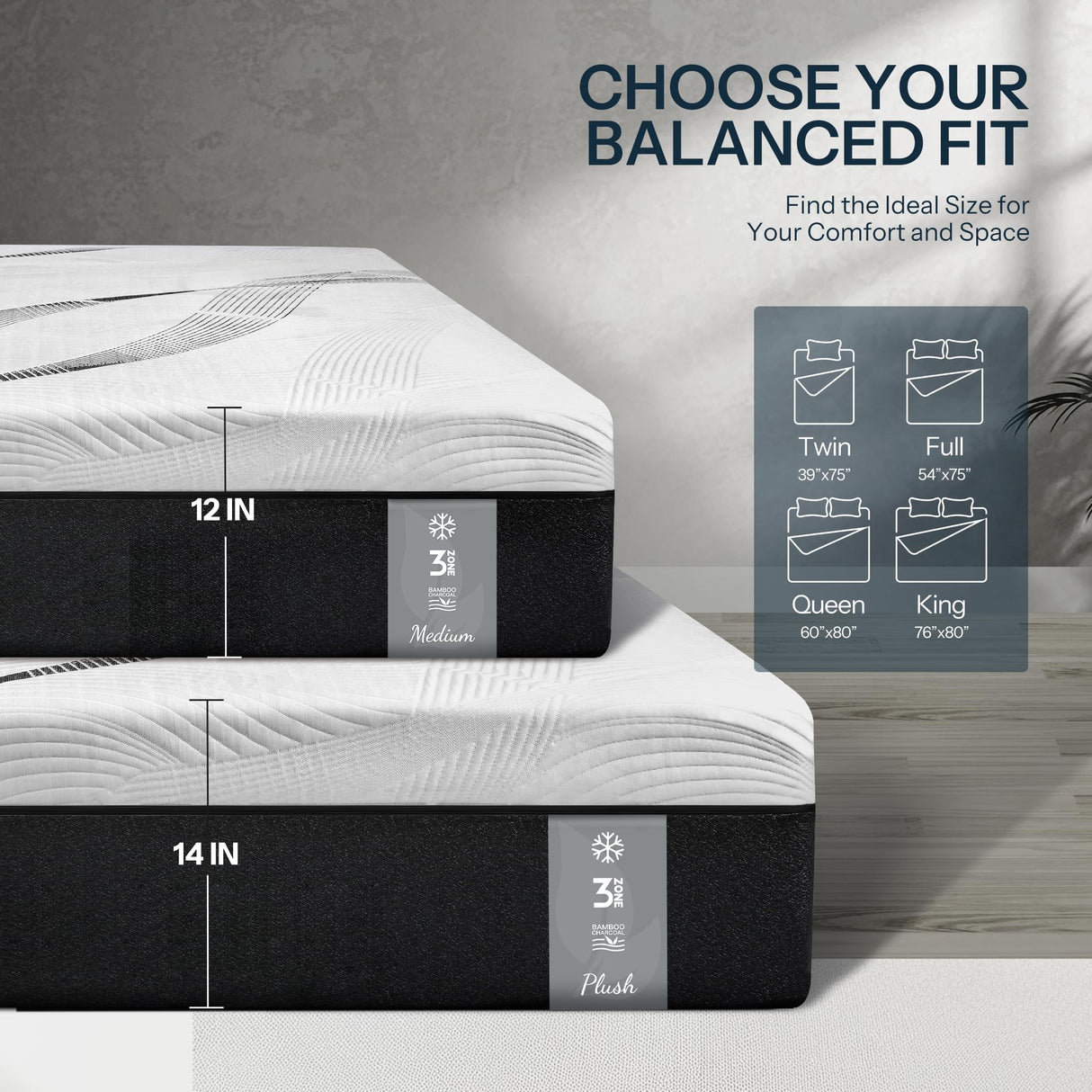 14 Inch Hybrid Mattress Queen Size, Cooling Hybrid Mattress Made in USA, 3-Zone Individual Pocket Spring Mattresses Supportive & Pressure Relief, Lyocell Cover& Bamboo Charcoal Memory Foam Mattress Life Balance