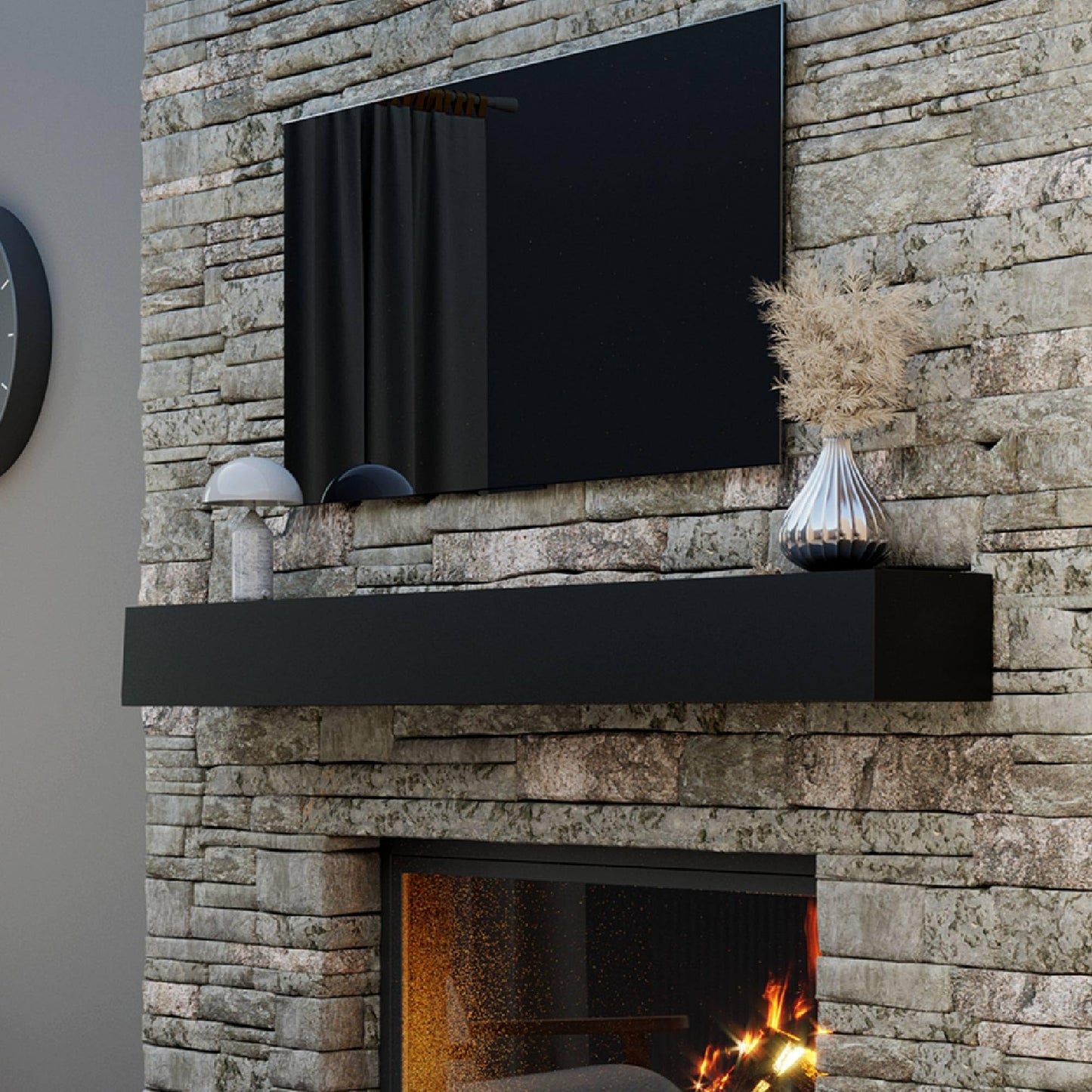 Ortaville Fireplace Mantel, Modern Design, Matte Lacqeur Finish, Wall-Mounted Floating Shelf (72", Black)