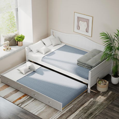 Sweetcrispy Twin Size Day Bed Frame with Trundle, Integrated Headboard & Armrests, Space-Saving Trundle Bed for Living Room, Bedroom, Guest Room, Sturdy Wood Construction for Adults and Kids, White Sweetcrispy