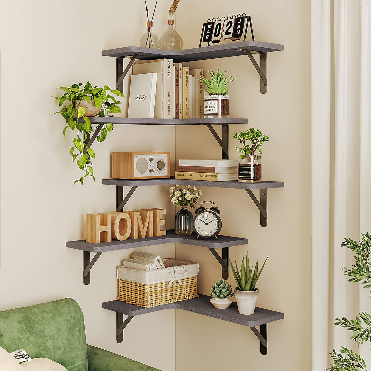 Fixwal Corner Floating Shelves Set of 5, Rustic Wood Wall Mounted Corner Shelf for Bathroom, Kitchen, Bedroom, Home Decor, Laundry Room, Living Room(Gray) Fixwal