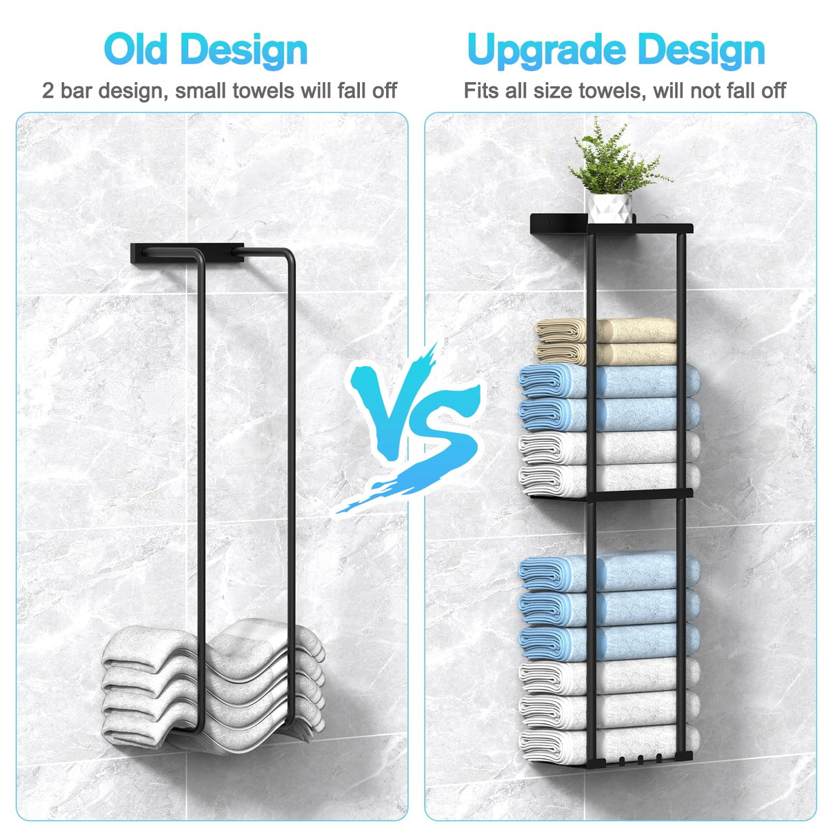 Liuoud Towel Rack for Bathroom, Wall Mounted Vertical Rolled Towel Storage Organizer Holder with Shelf, Holds Up 6 Large Bath Sheets, Black Liuoud